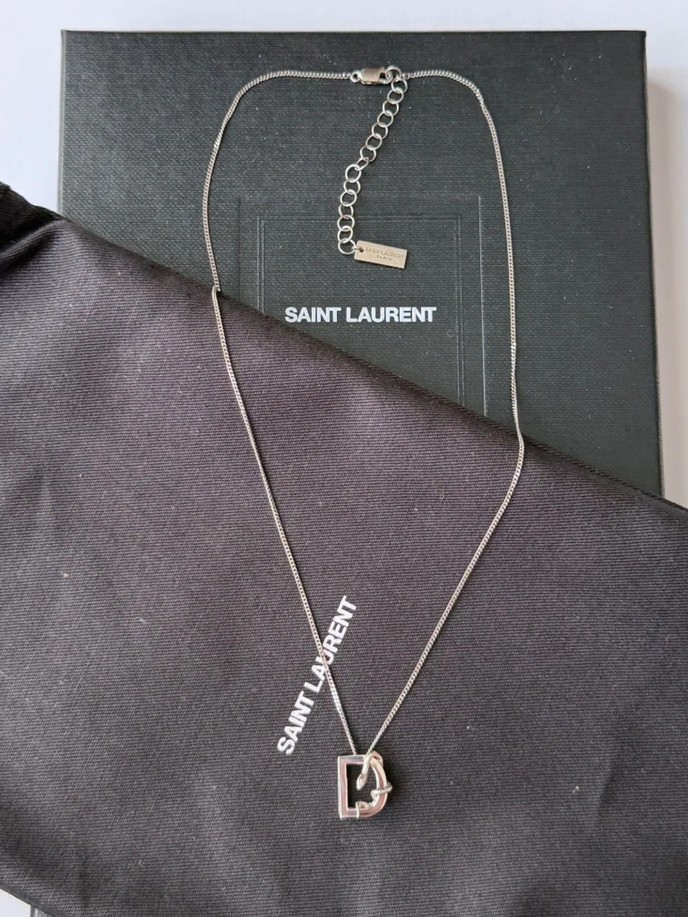 Saint Laurent YSL Sterling Silver D Initial Letter Snake Pendant Chain Necklace